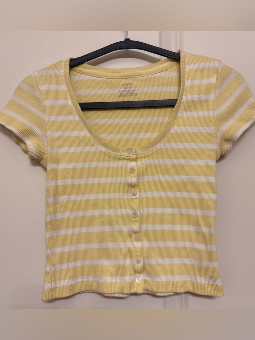 Aerie Yellow White Striped Ribbed Cropped Button-Up Short Sleeve Top Size XS